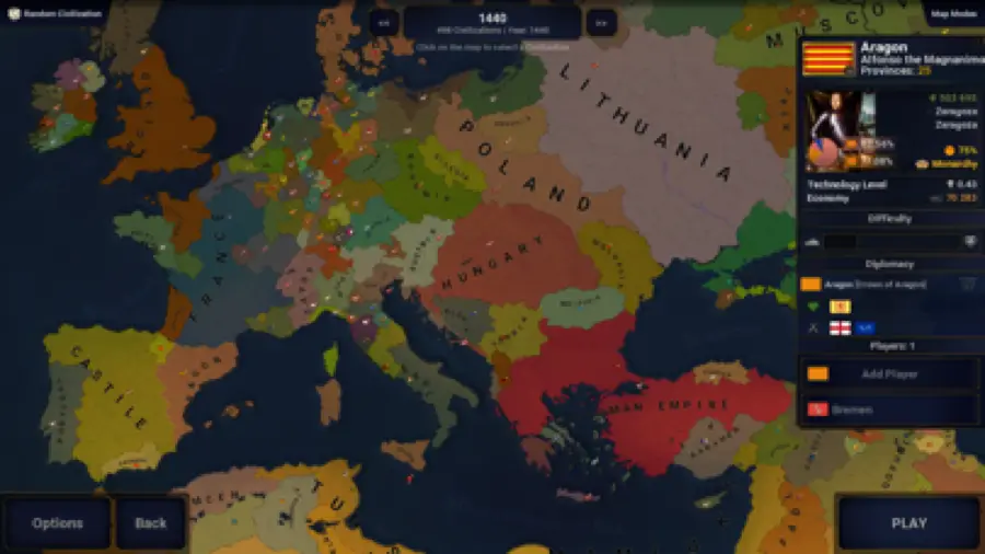 Mappa politica dell'Europa nel 1440 in Age of History II, ogni stato con il suo colore e il pannello del regno selezionato sulla destra