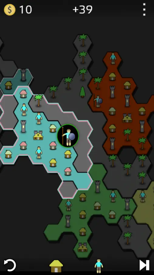 Mappa a esagoni di Antiyoy con quattro fazioni di colore diverso, il capitale in alto a sinistra e il reddito del turno segnato più 39