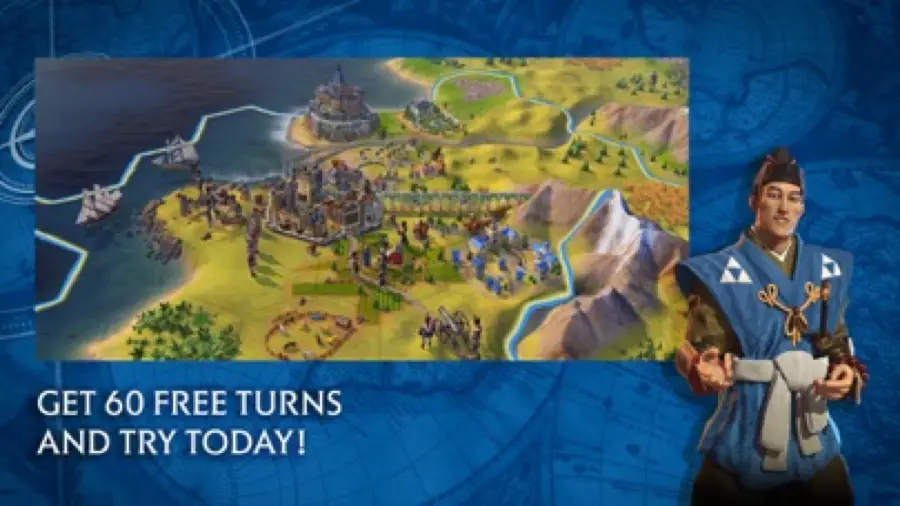 Mappa a esagoni di Civilization VI con una città costiera, le unità schierate e la barra dei turni in alto