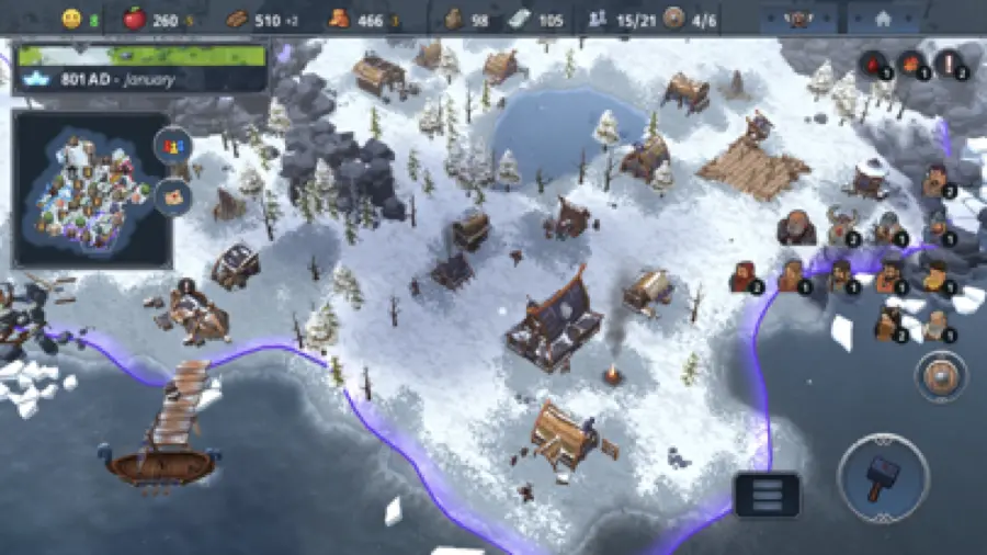 Villaggio vichingo di Northgard su una mappa innevata, con i confini dei territori evidenziati e la barra delle risorse in alto