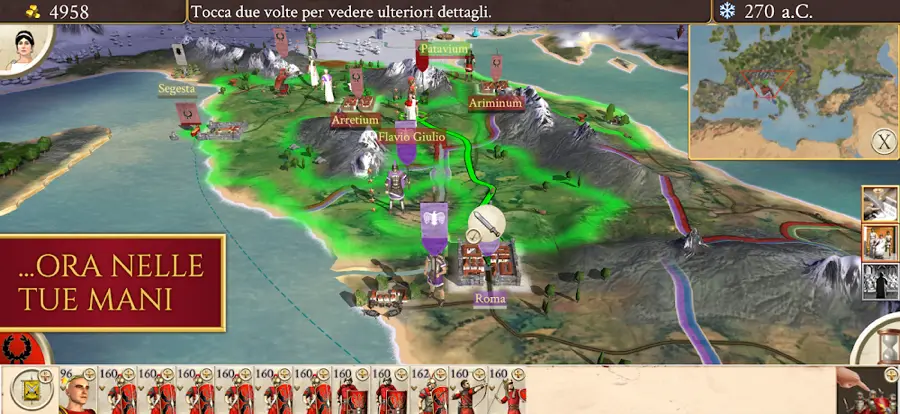 Mappa di campagna di ROME: Total War con la penisola italiana, gli eserciti disposti sulle province e la data 270 avanti Cristo in alto a destra